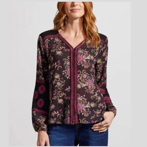 BOUTIQUE Embroidered Button Front Peasant Top Blouse Popover LS Women's Medium